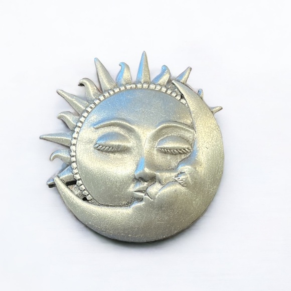 JJ Jewelry - Vintage Signed JJ Pewter Moon Kissing Sun Brooch